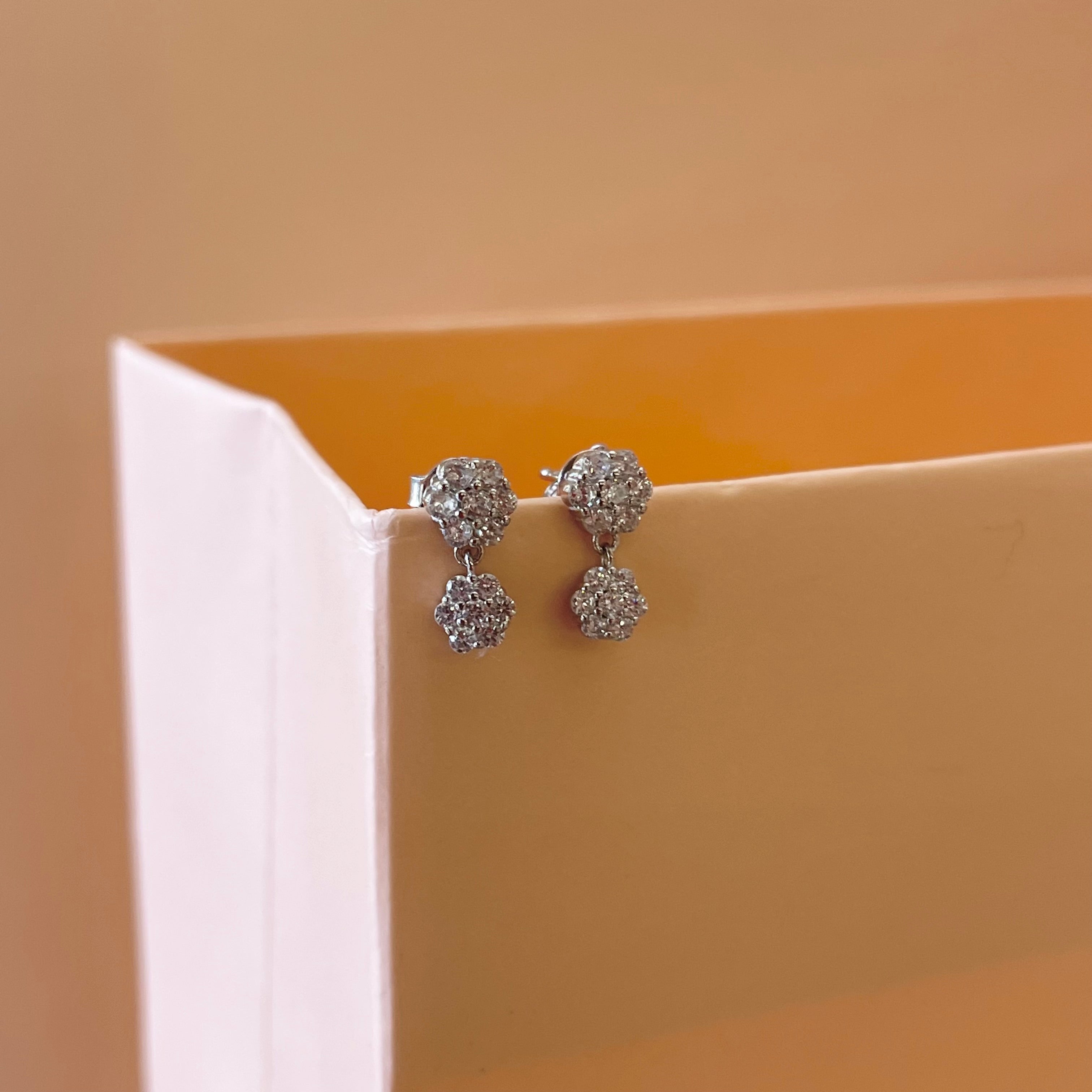 Silver zircone double flower earrings