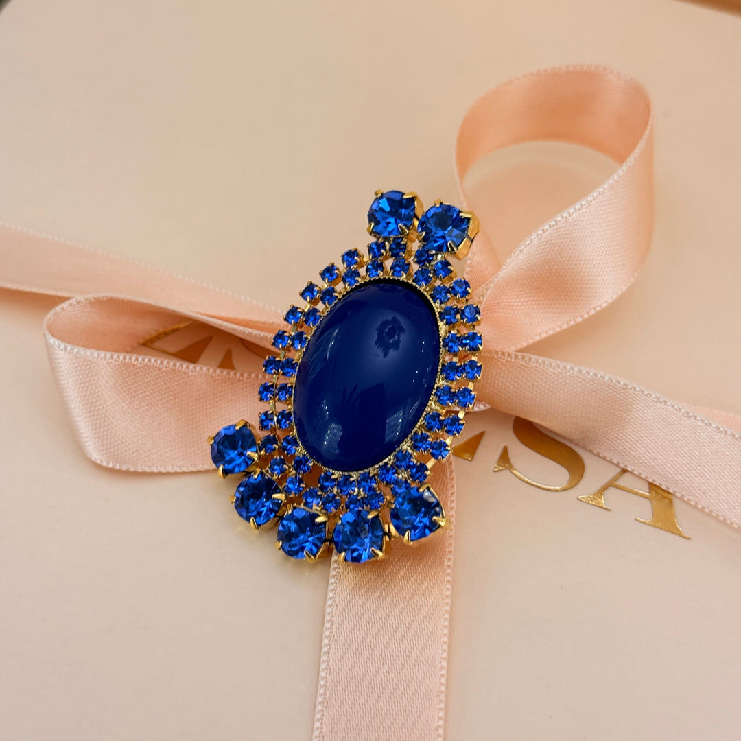 Royal blue preciosa crystals gold plated brooch