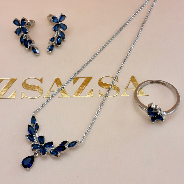 Navy blue flower silver set