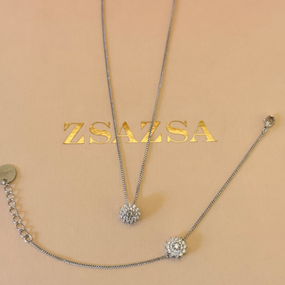 Dainty flower zircone silver pendant and bracelet