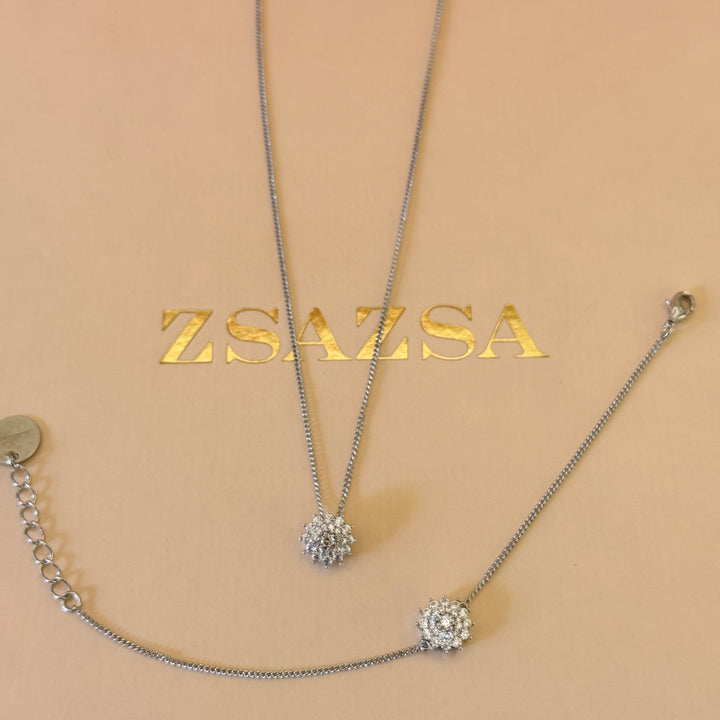 Dainty flower zircone silver pendant and bracelet