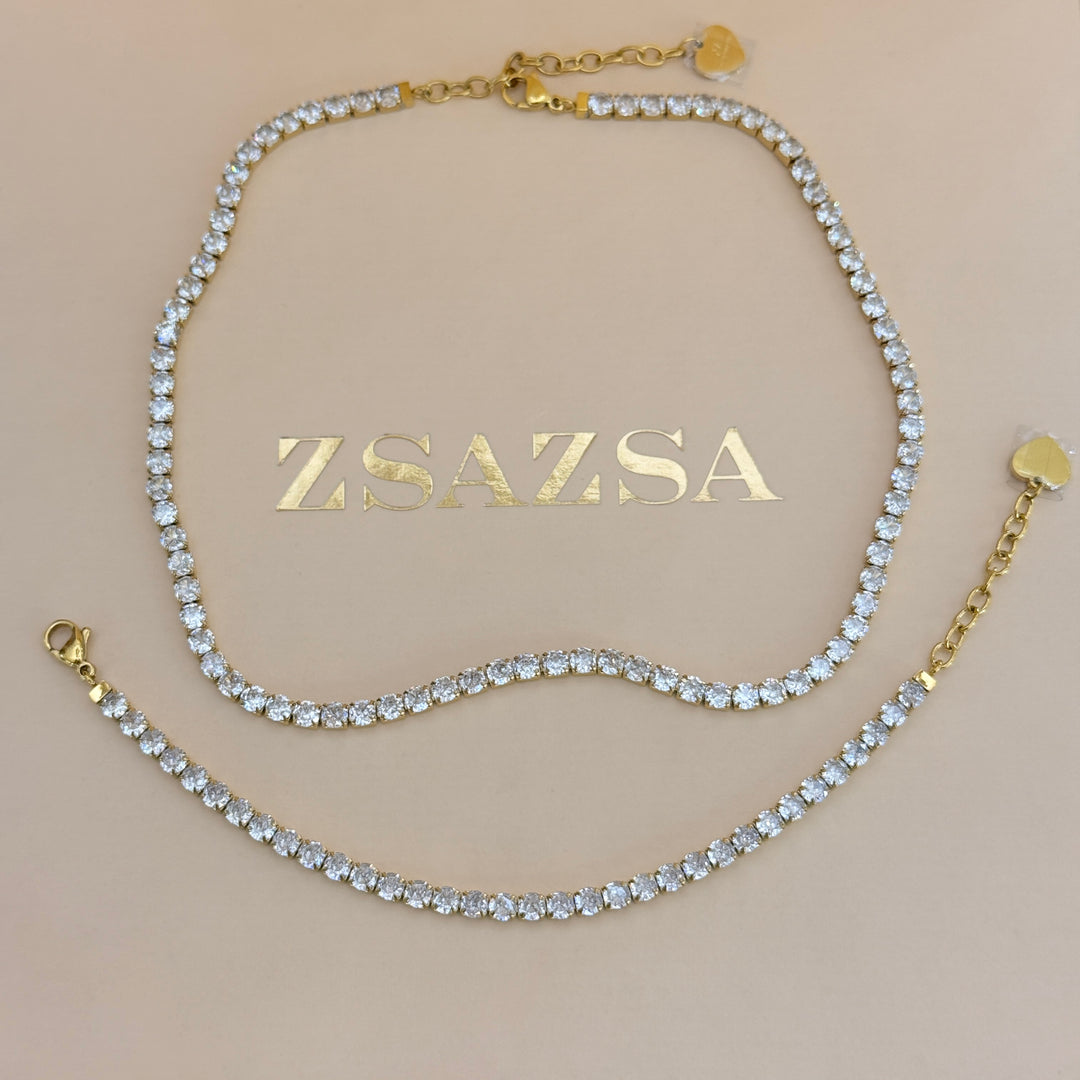 Zircone tennis gold plated stainless steel necklace & bracelet