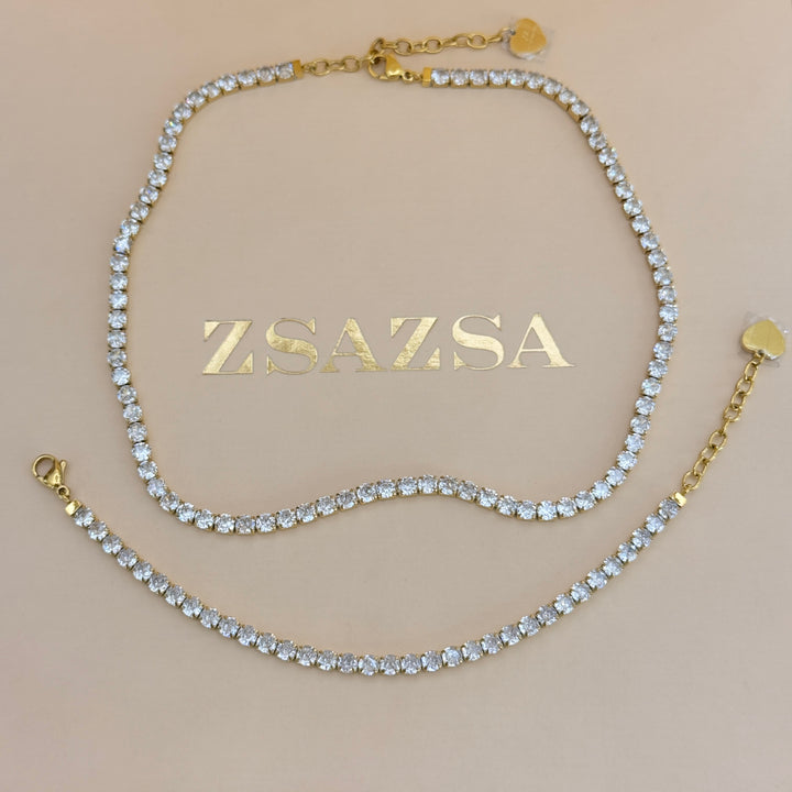 Zircone tennis gold plated stainless steel necklace & bracelet