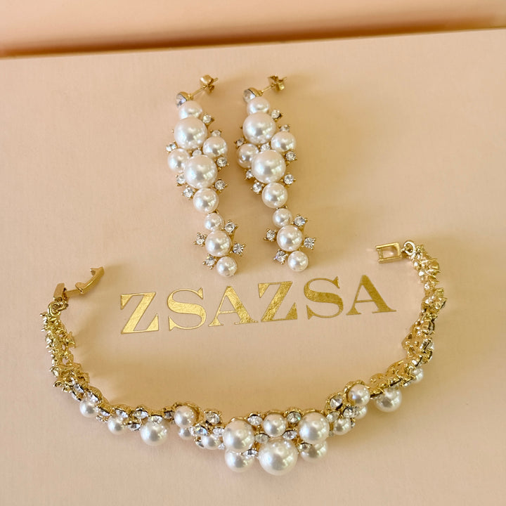 Swarovski crystals & pearls chunky gold plated earrings and bracelet