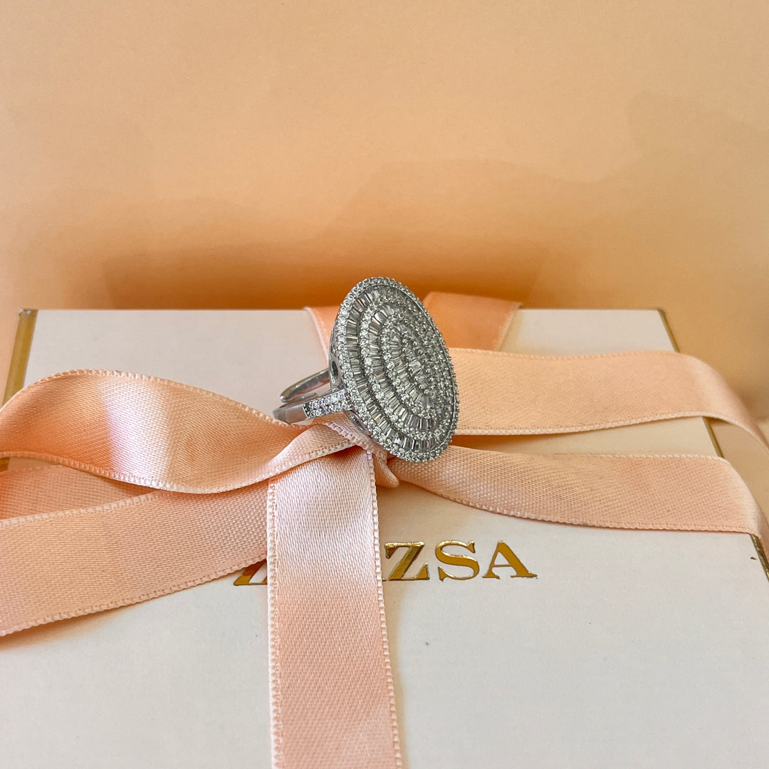 Zircone baguette white gold plated oval ring