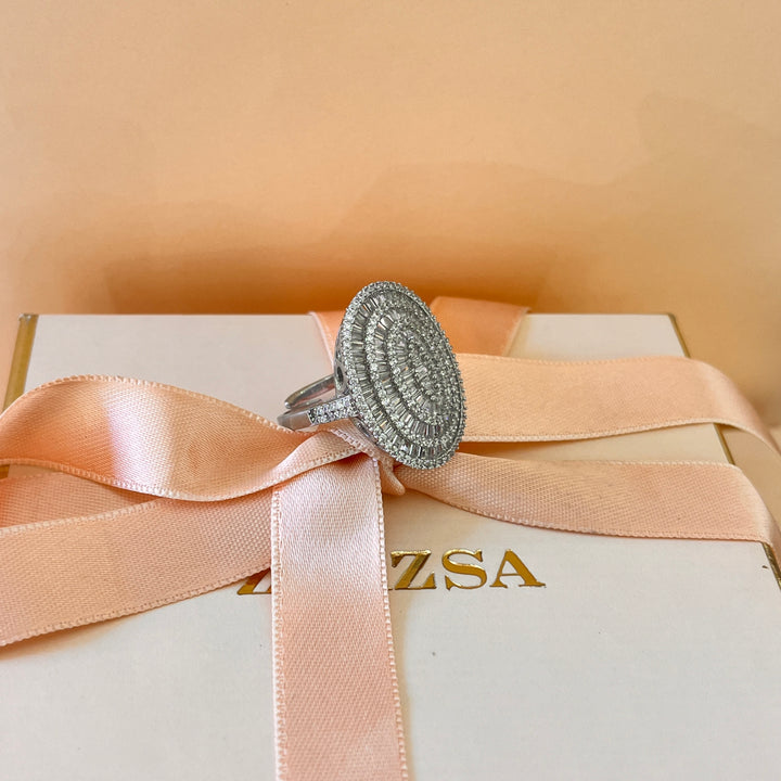 Zircone baguette white gold plated oval ring