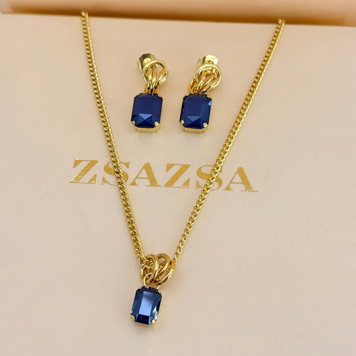Rectangular royal blue Swarovski crystals gold plated set