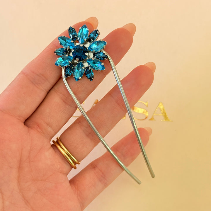 Preciosa crystals verdemar flower silver hair pin