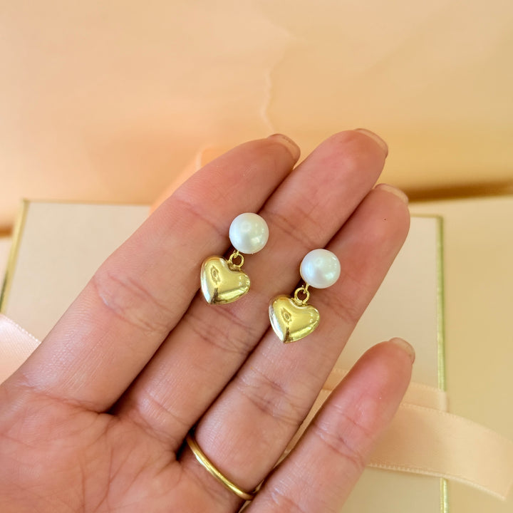 Pearl and heart sterling silver gold plated earrings