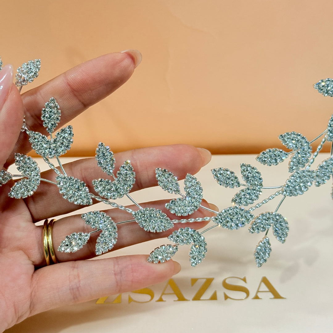 Rhinestone leaves silver flexible headband