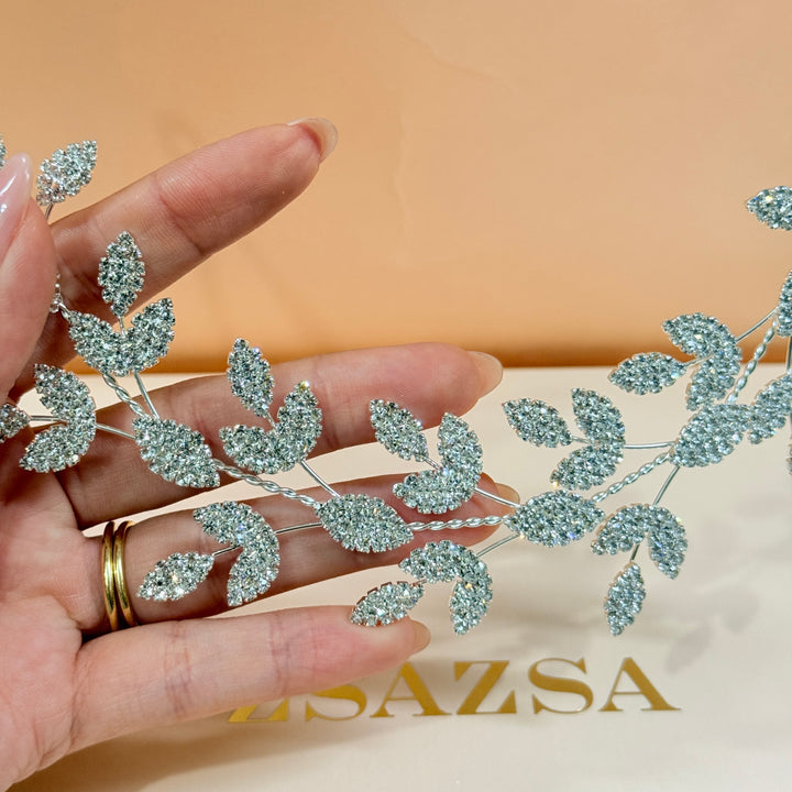 Rhinestone leaves silver flexible headband
