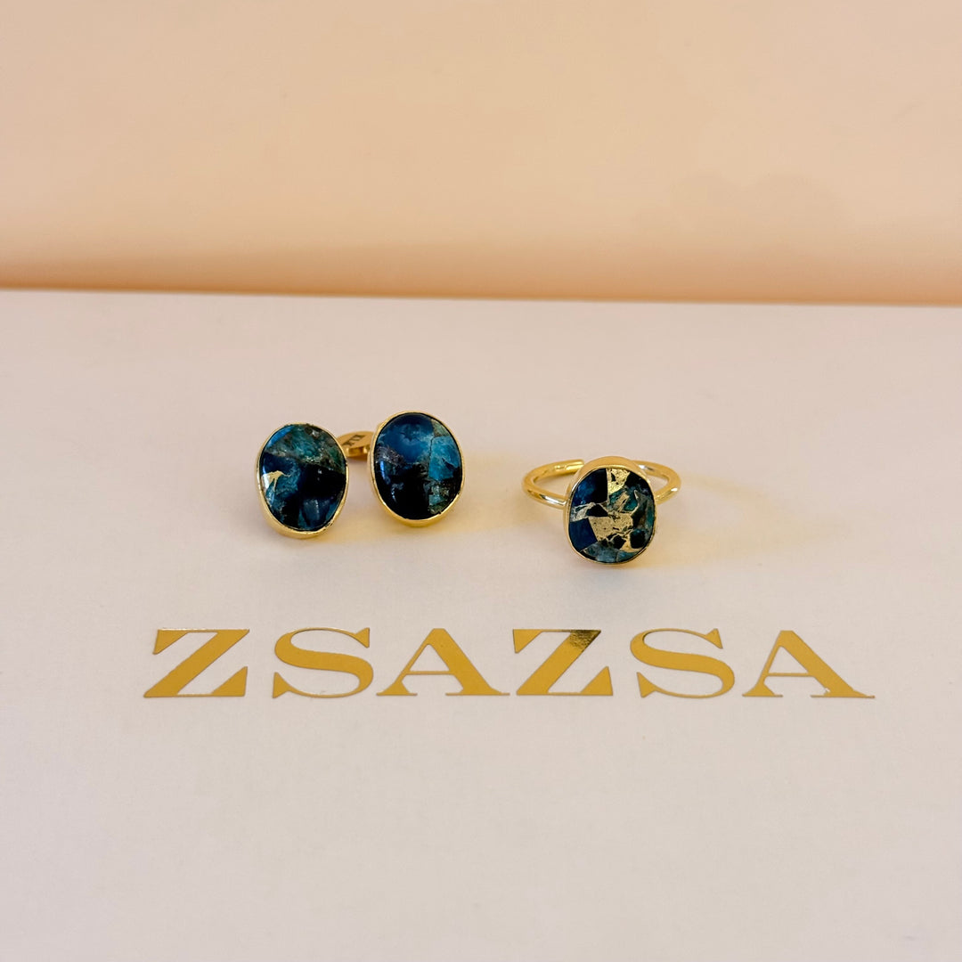 Green natural stone earrings and ring