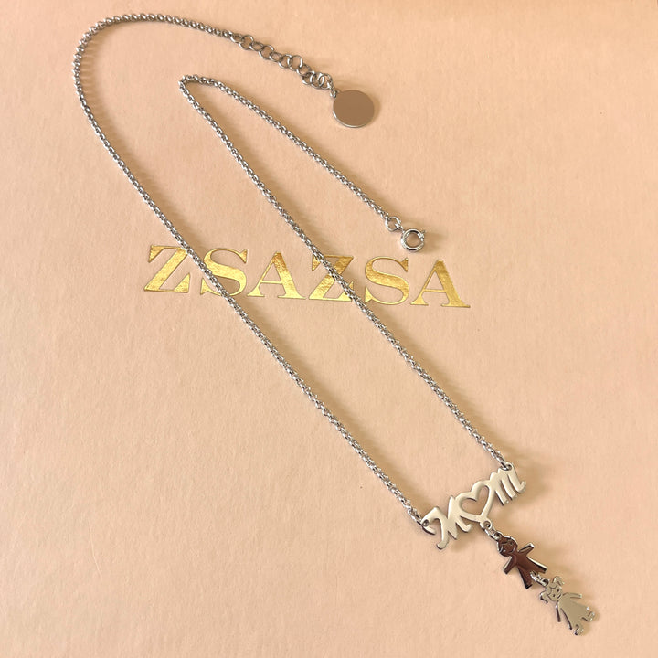 Mom & children white gold plated necklace