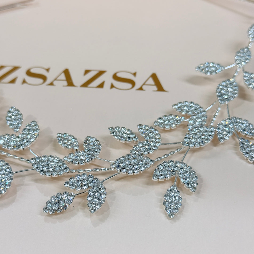 Rhinestone leaves silver flexible headband