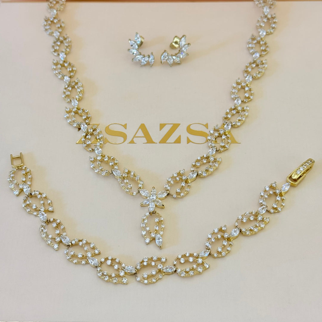 Marquise and rosette zircone gold plated set
