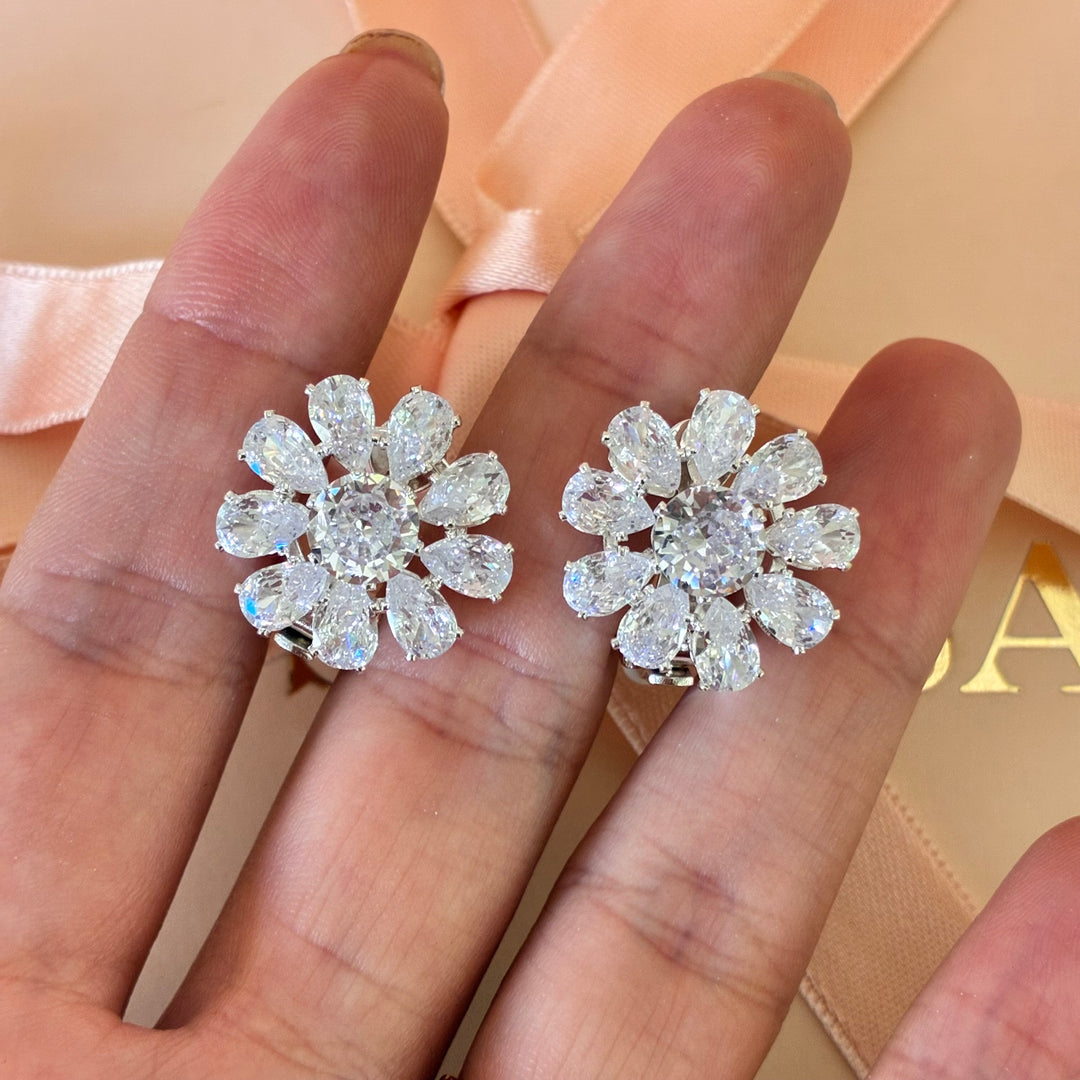 Flower zircone silver clip on earrings