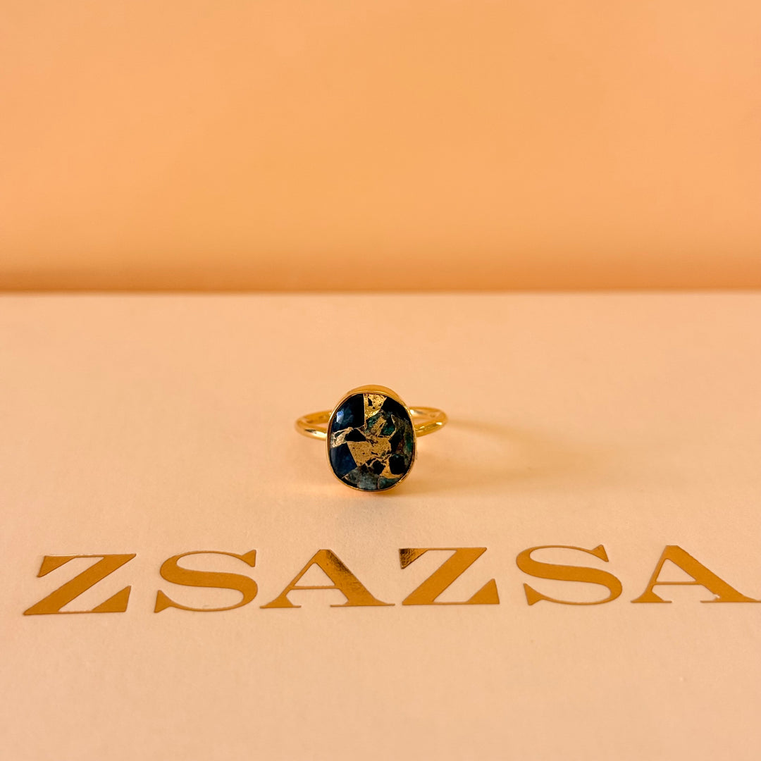 Green natural stone earrings and ring