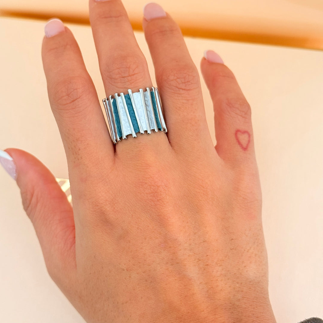 Blue, grey and white silver enamel earrings and ring