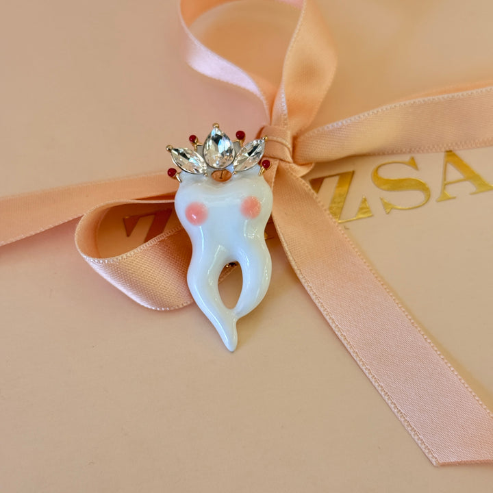 Statement Tooth Brooch with Crystal Crown