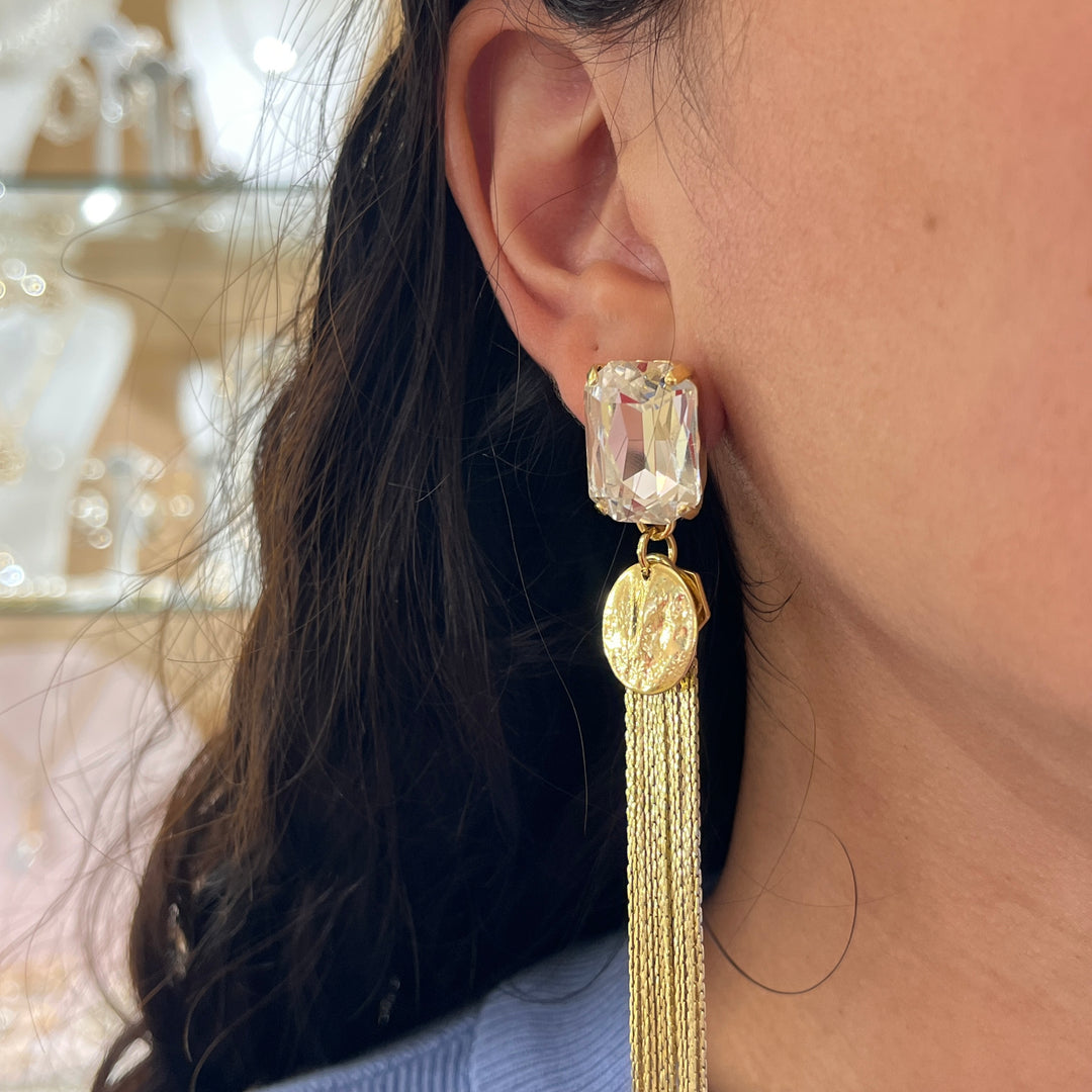 Swarovski crystals Rectangular gold plated long earrings