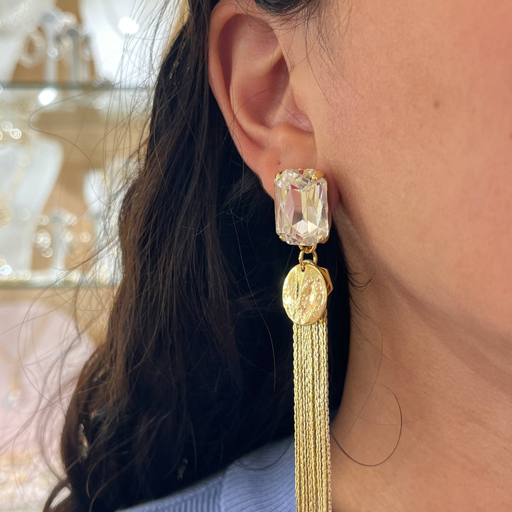 Swarovski crystals Rectangular gold plated long earrings
