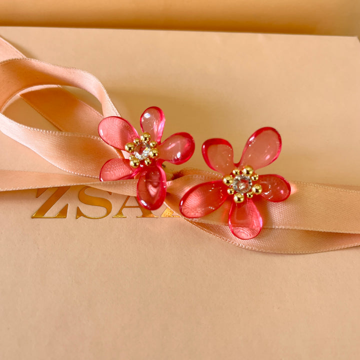 Fuchsia flower resin gold plated  earrings