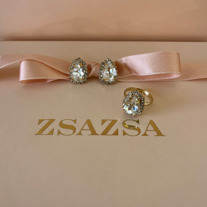 Preciosa crystals teardrop gold plated studs and ring