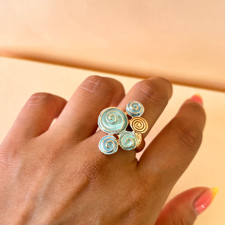 Enamel light blue, light turquoise and gold spiral rose gold plated set