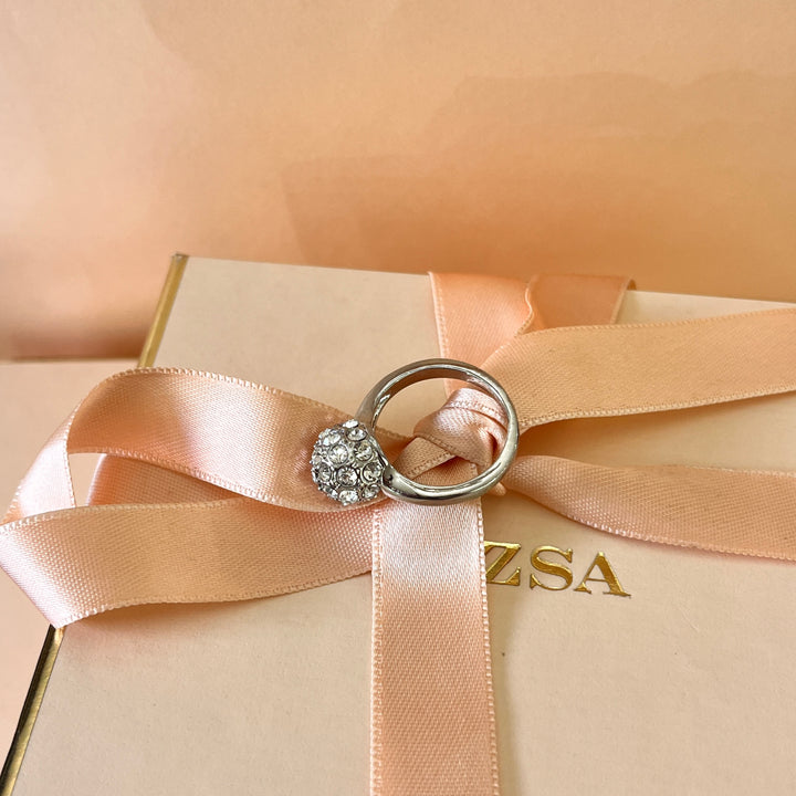 Rhinestone white gold plated ball ring