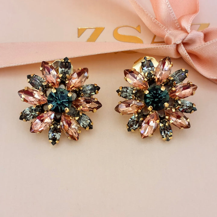 Flowers peach and grey Swarovski crystals set
