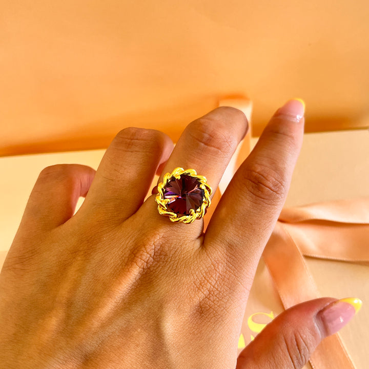 Purple round preciosa crystals ring