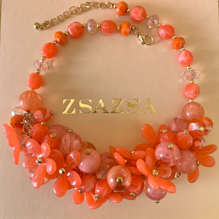 Orange flowers & balls necklace