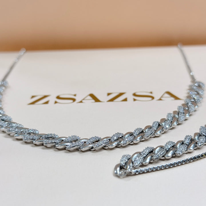Chain design zircone silver necklace and bracelet