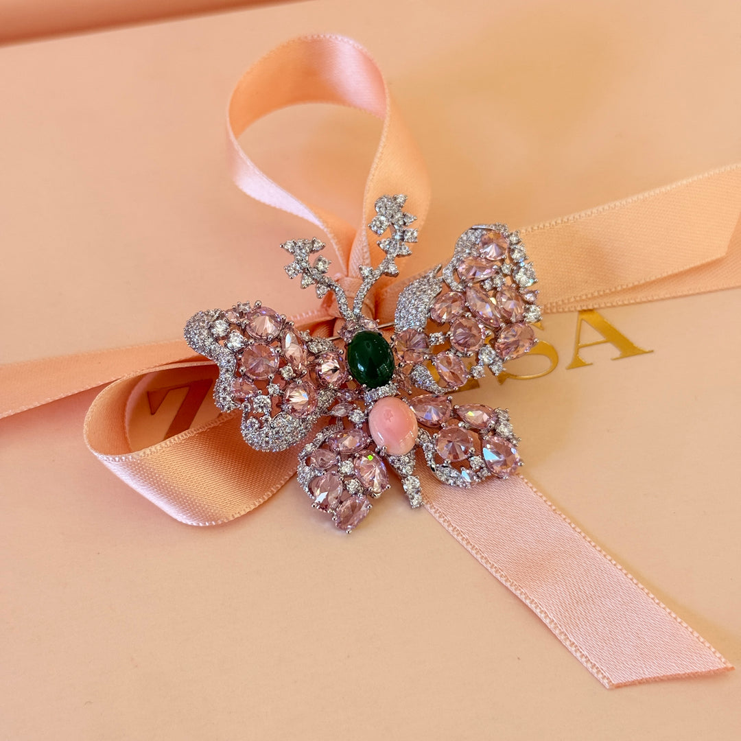 Butterfly pink and green silver brooch