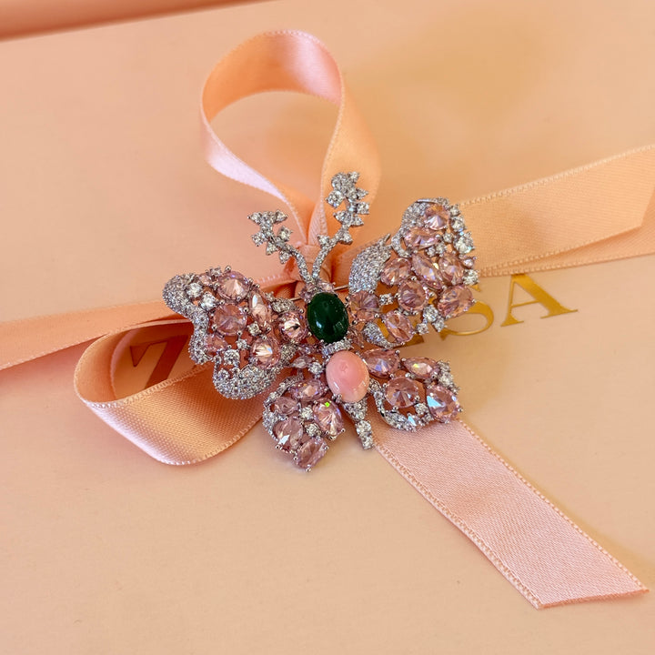 Butterfly pink and green silver brooch