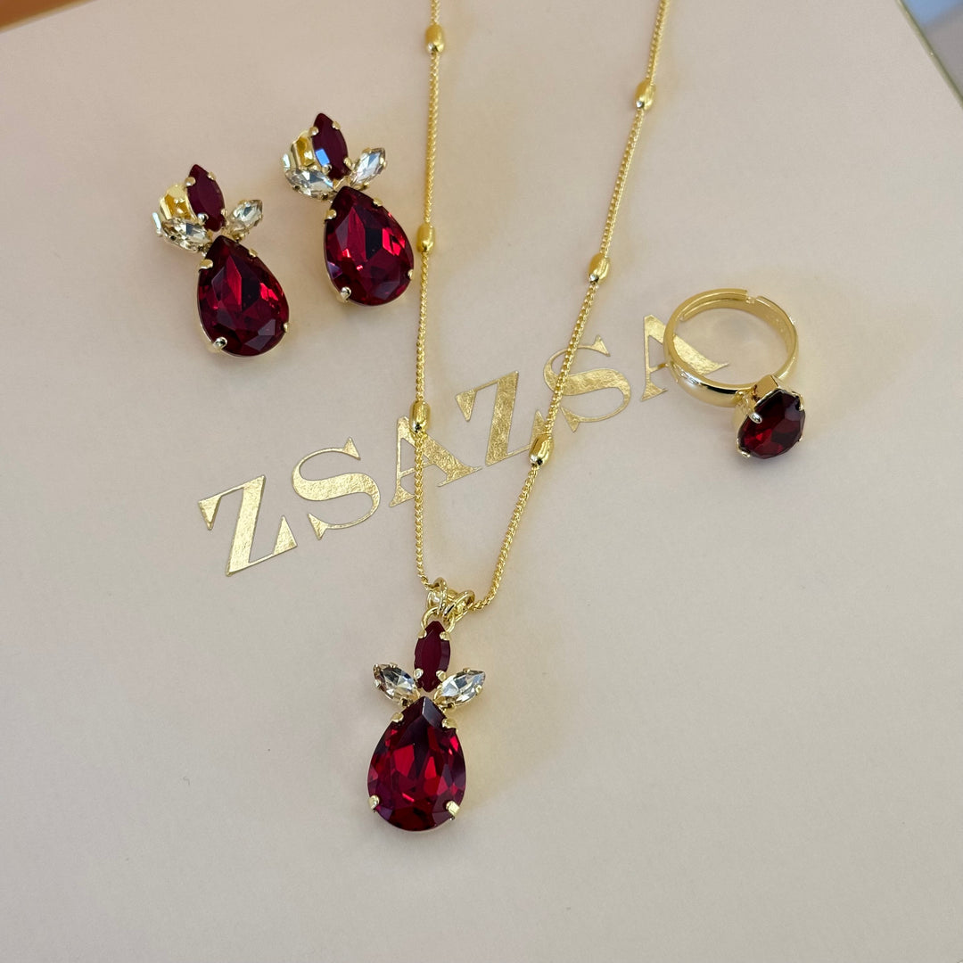 Marquise and teardrop dark red Swarovski crystals gold plated set