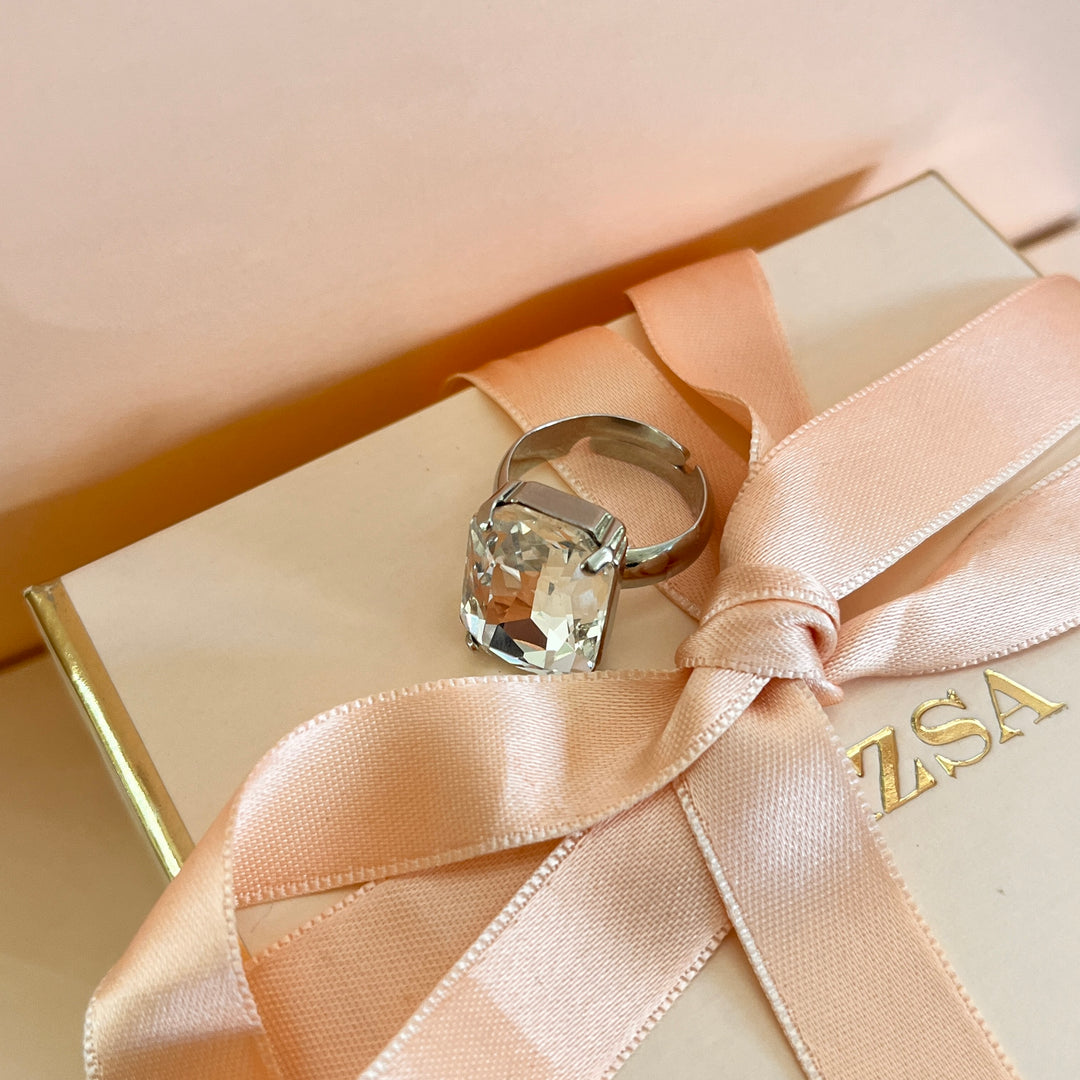 Swarovski crystals rectangular white gold plated ring
