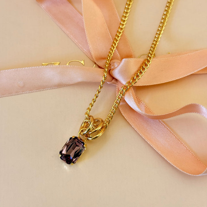 Rectangular mauve Swarovski crystals gold plated pendant