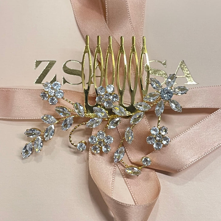 Gold cubic zircone flowers comb