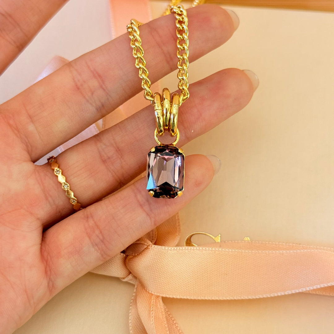 Rectangular mauve Swarovski crystals gold plated pendant