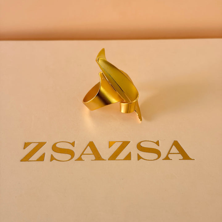 Handmade Abstract Curved  Leaf Gold Ring | Gold Plated | ZsaZsa
