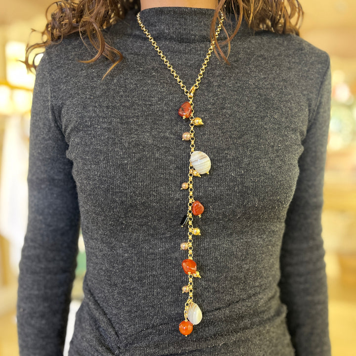 Grey Mallorca pearls and semiprecious stones gold plated necklace