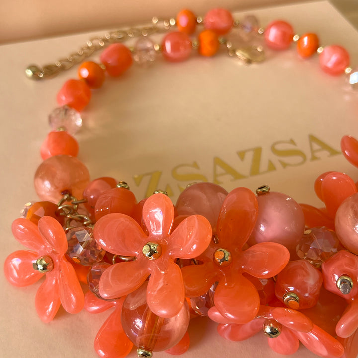 Orange flowers & balls necklace