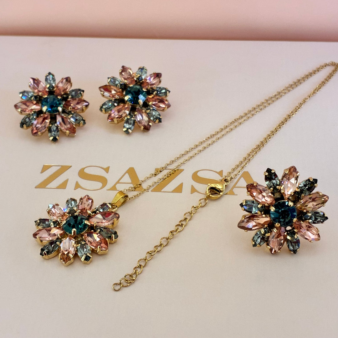 Flowers peach and grey Swarovski crystals set