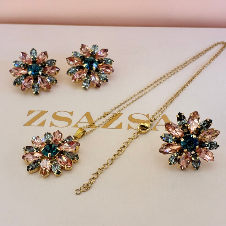 Flowers peach and grey Swarovski crystals set