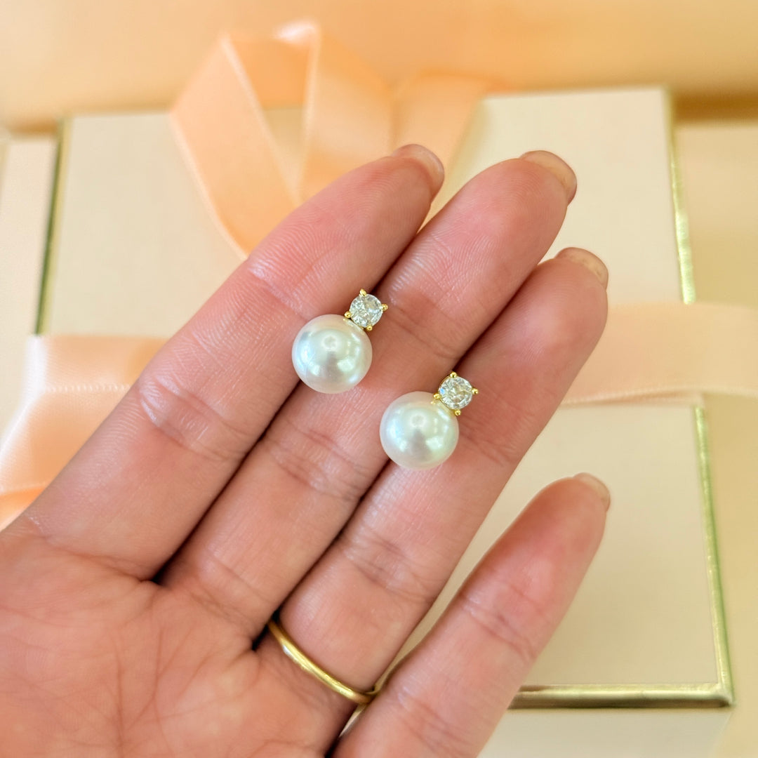 Small zircone and pearl sterling silver gold plated earrings