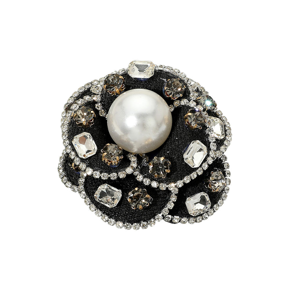 Rhinestone Embellished Pearl Accent Flower Pin Brooch / Hair Clip Style