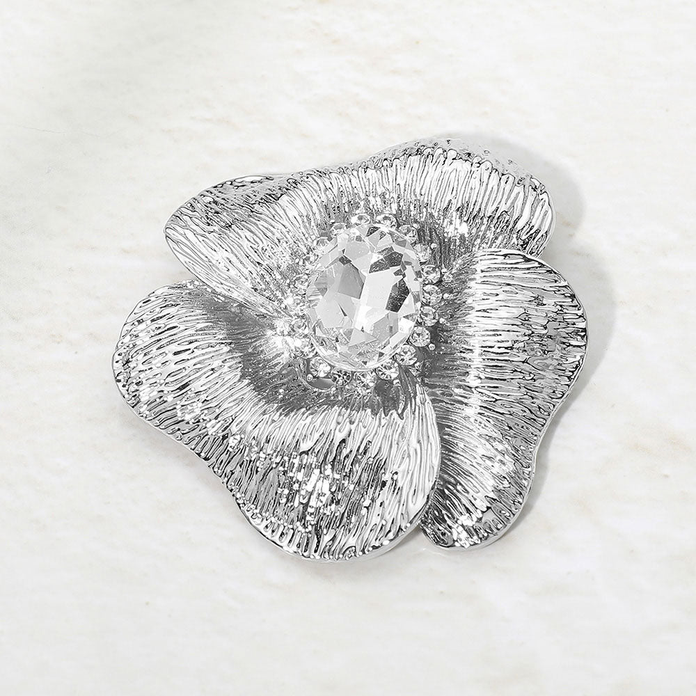Bold Oval Stone Center Textured Floral Pin Brooch