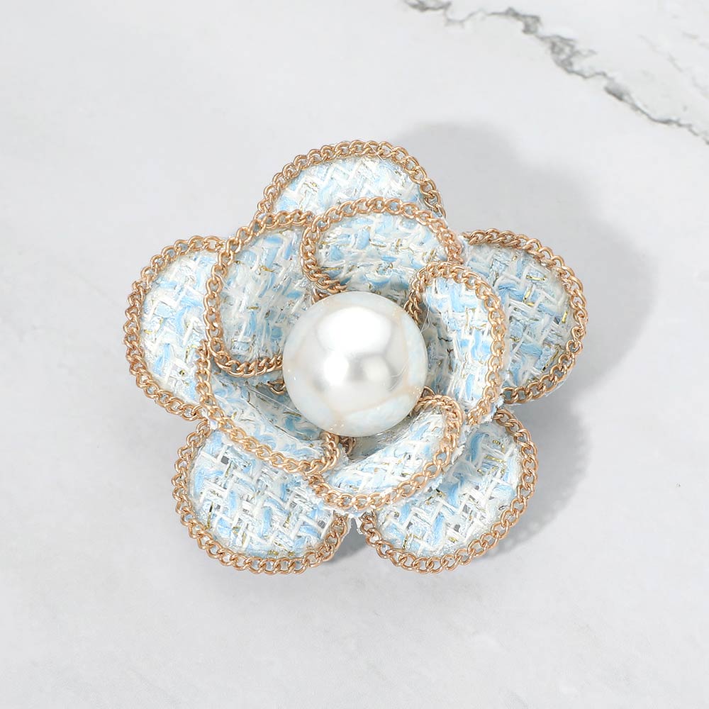 Pearl Accent Chain Rim Tweed Floral Pin Brooch/ Hair Clip