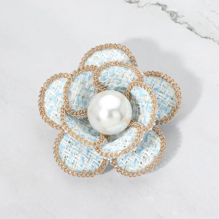 Pearl Accent Chain Rim Tweed Floral Pin Brooch/ Hair Clip
